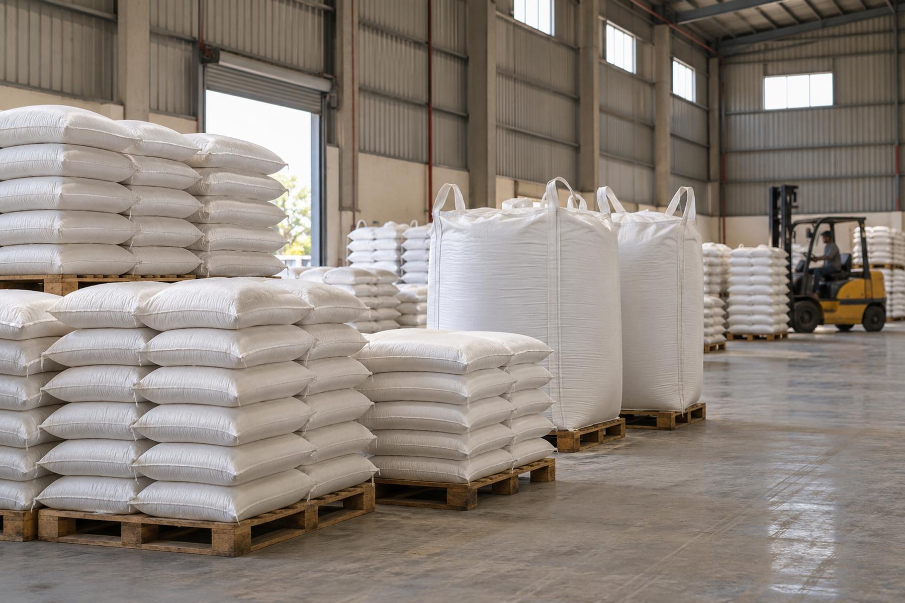 Warehouse with stacked 25 and 50 kg bags and jumbo bags on pallets