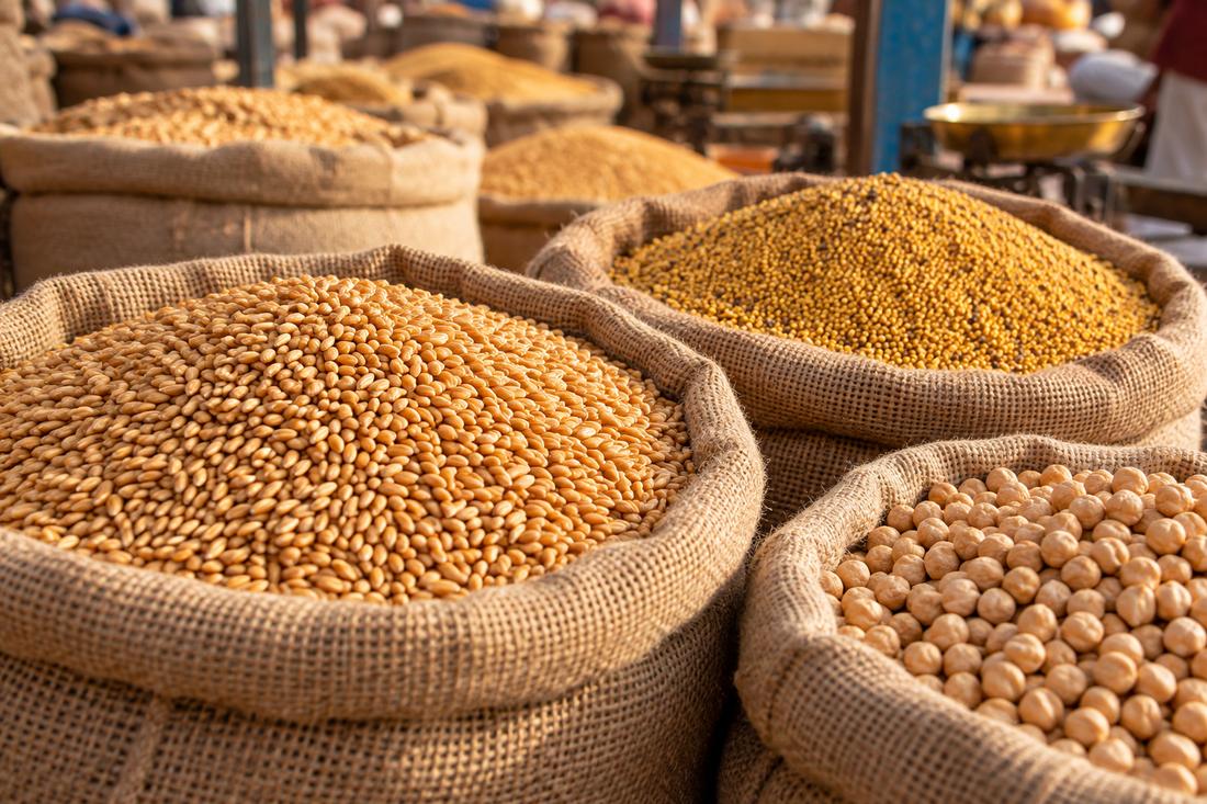 Open jute sacks of wheat, mustard seed and chickpeas